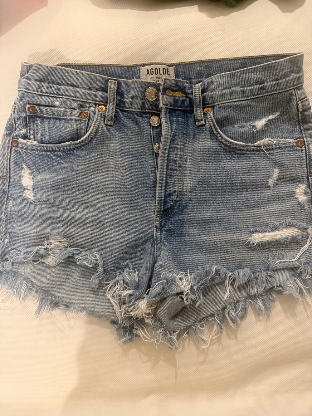 Agolde Light Blue Distressed High-Rise Denim Cutoff Shorts